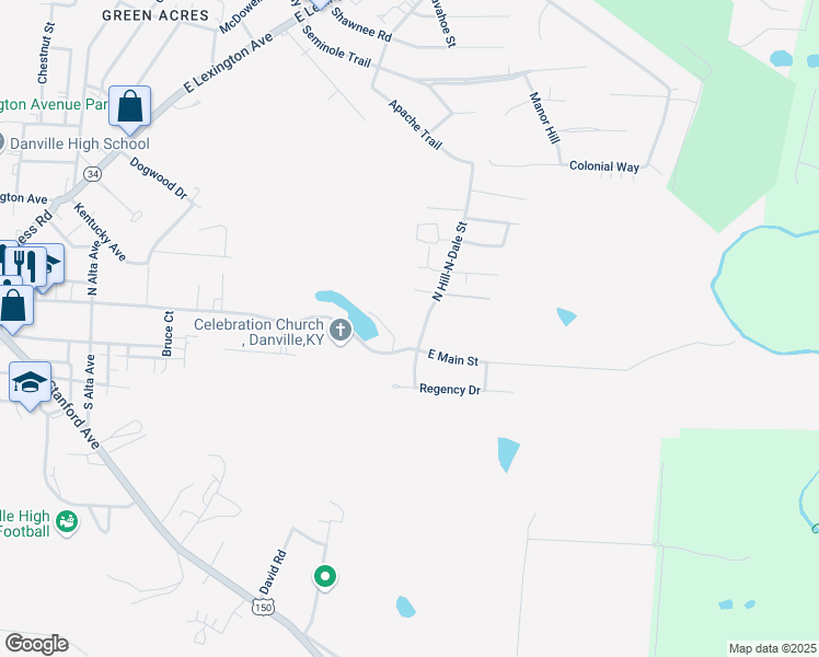 map of restaurants, bars, coffee shops, grocery stores, and more near 100 North Hill-N-Dale Street in Danville