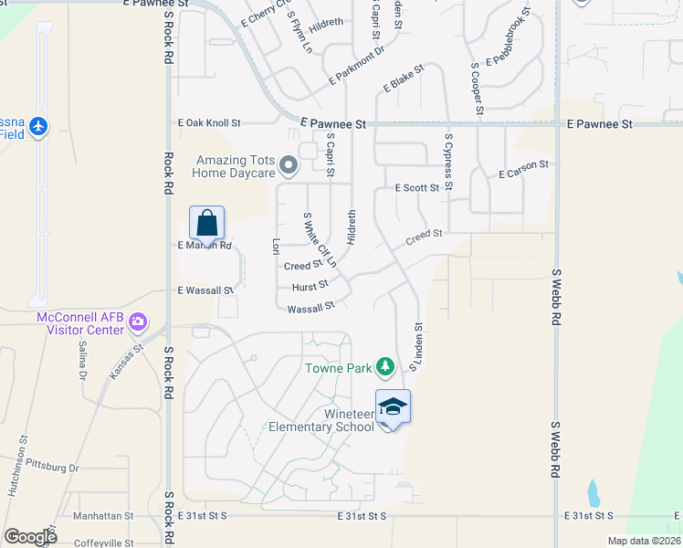 map of restaurants, bars, coffee shops, grocery stores, and more near 2726 South White Cliff Lane in Wichita