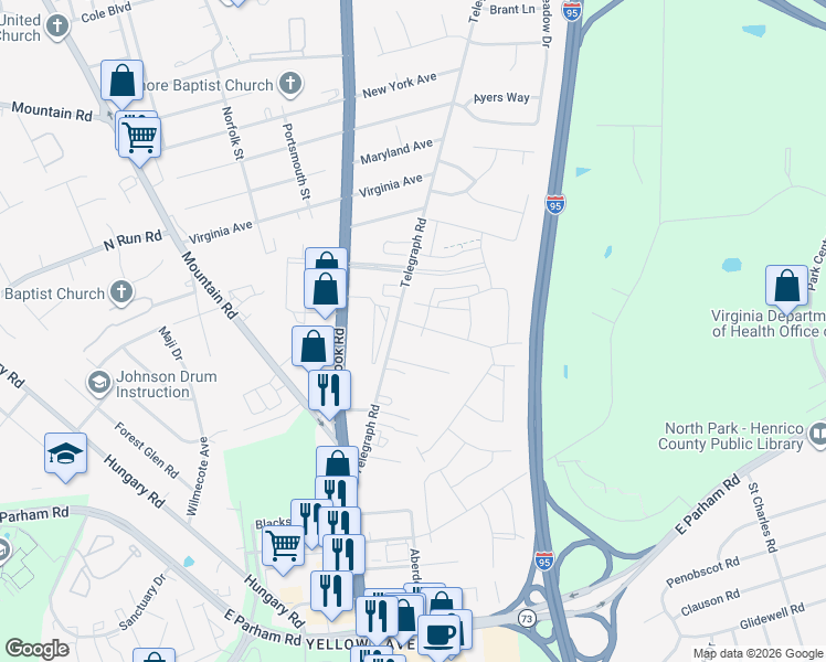map of restaurants, bars, coffee shops, grocery stores, and more near 8733 Telegraph Road in Glen Allen