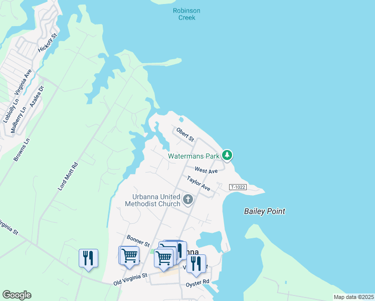 map of restaurants, bars, coffee shops, grocery stores, and more near 450 Rappahannock Avenue in Urbanna