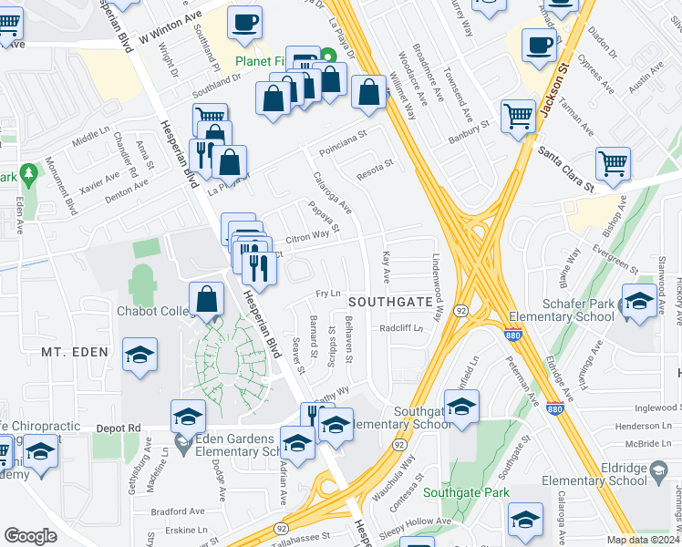 map of restaurants, bars, coffee shops, grocery stores, and more near 25243 Belhaven Street in Hayward