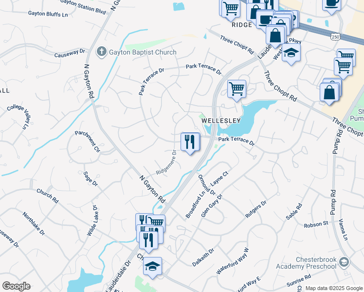 map of restaurants, bars, coffee shops, grocery stores, and more near 13004 Chancery Court in Richmond