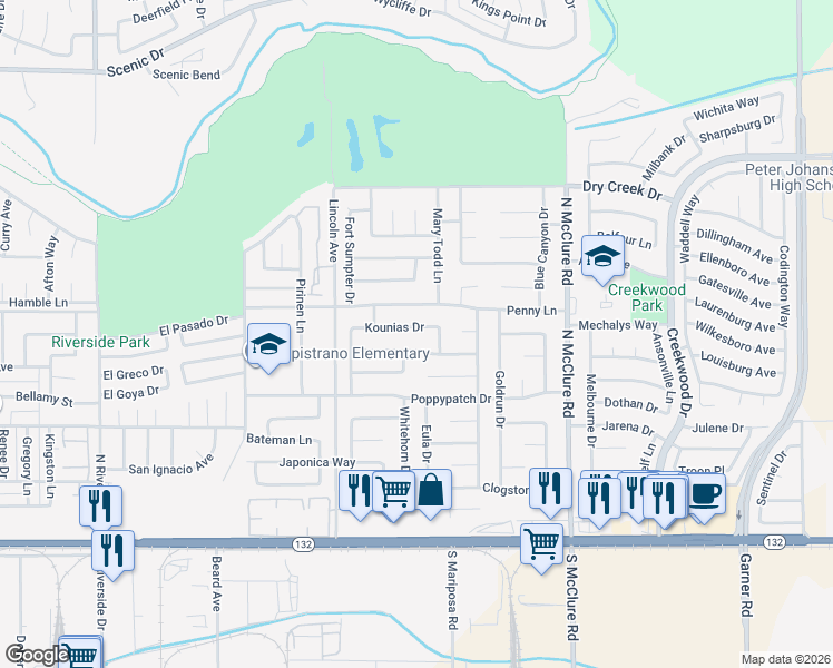 map of restaurants, bars, coffee shops, grocery stores, and more near 3104 Trudi Way in Modesto
