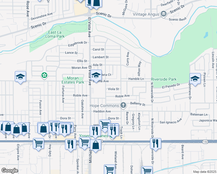 map of restaurants, bars, coffee shops, grocery stores, and more near 2305 Viola Street in Modesto
