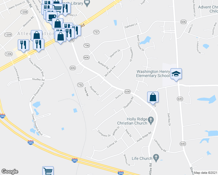 map of restaurants, bars, coffee shops, grocery stores, and more near 9033 Atlee Road in Mechanicsville