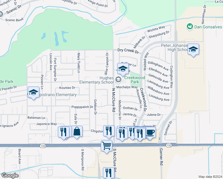 map of restaurants, bars, coffee shops, grocery stores, and more near 445 North McClure Road in Modesto