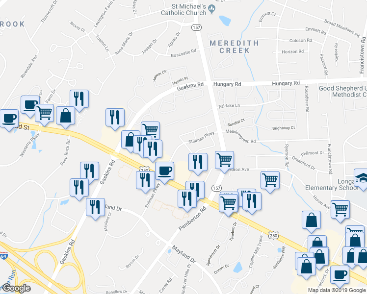 map of restaurants, bars, coffee shops, grocery stores, and more near 9747 Greenmeadow Circle in Glen Allen
