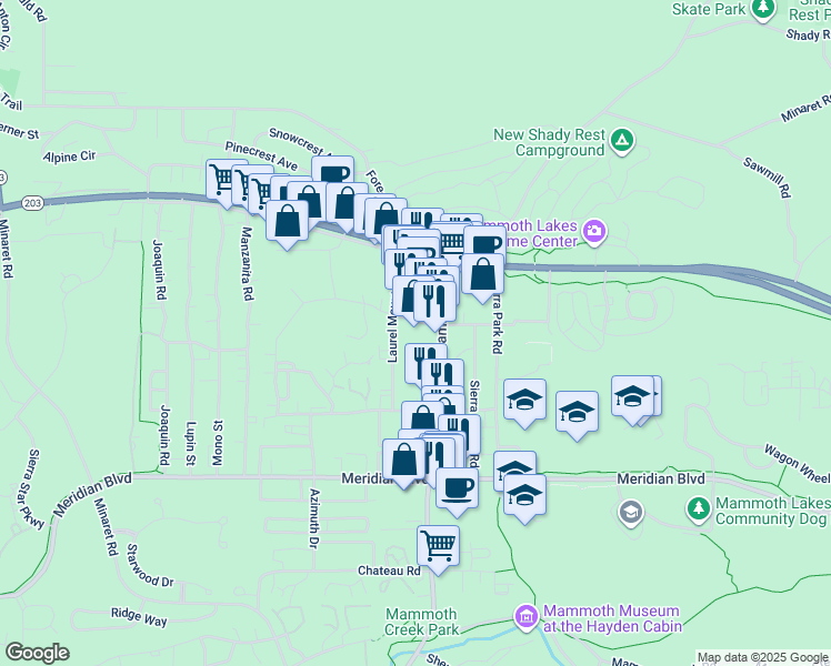 map of restaurants, bars, coffee shops, grocery stores, and more near 126 Old Mammoth Road in Mammoth Lakes