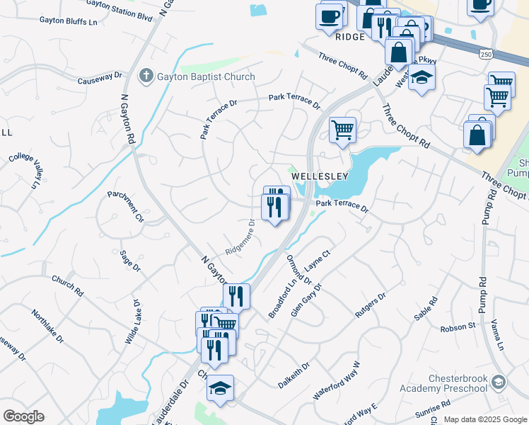 map of restaurants, bars, coffee shops, grocery stores, and more near 13004 Chancery Court in Richmond