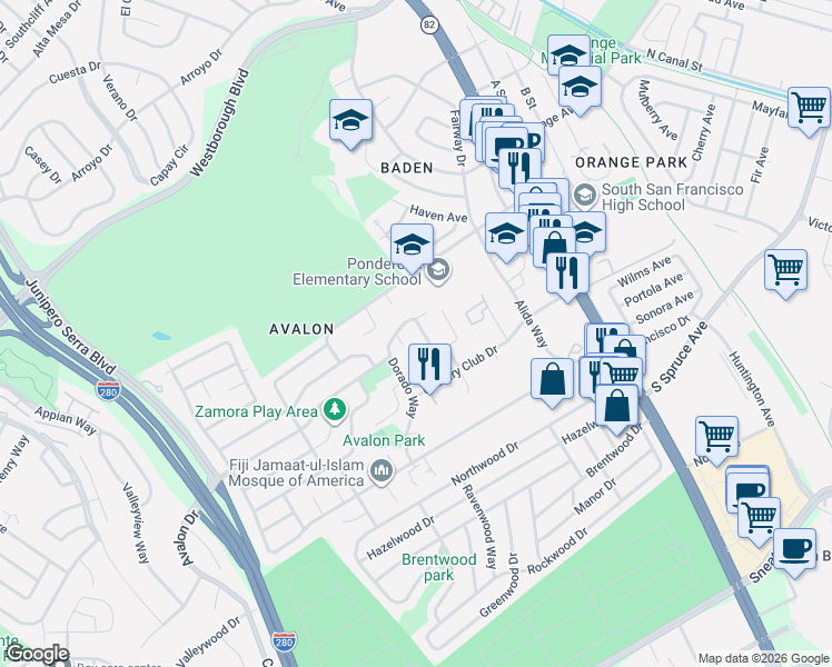 map of restaurants, bars, coffee shops, grocery stores, and more near 441 Constitution Way in South San Francisco