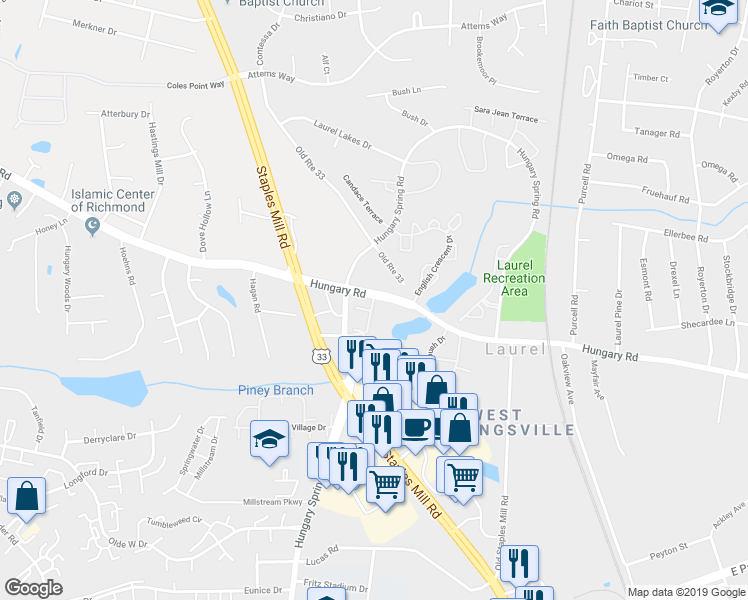 map of restaurants, bars, coffee shops, grocery stores, and more near 9531 Cottesmore Lane in Henrico