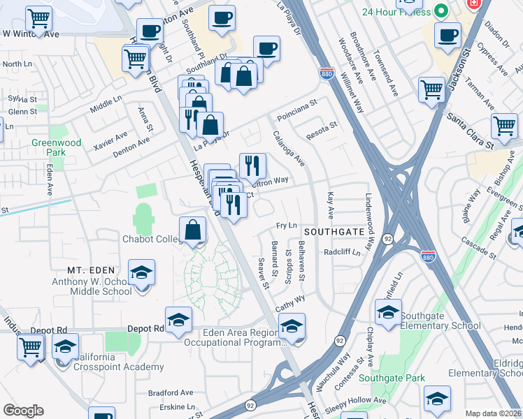 map of restaurants, bars, coffee shops, grocery stores, and more near 25091 Copa Del Oro Drive in Hayward