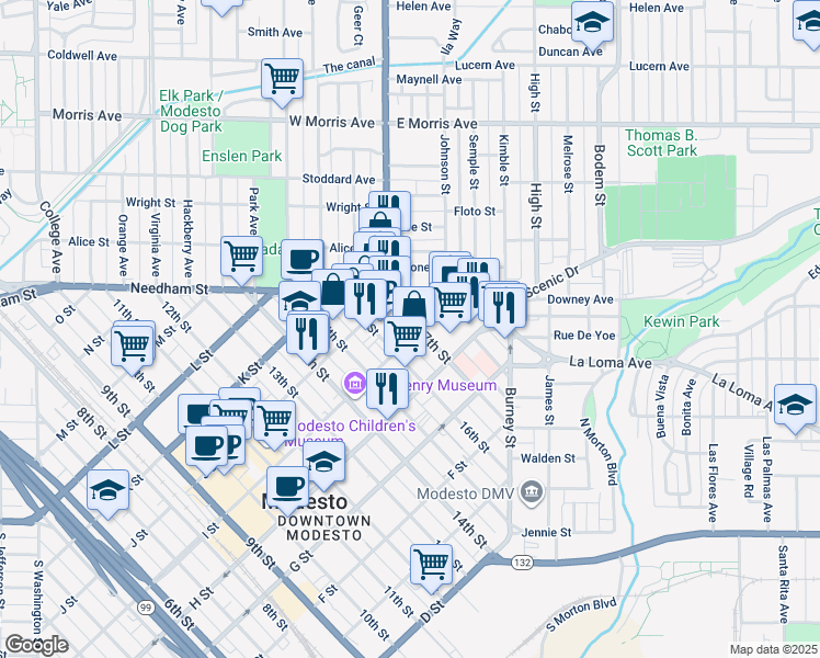 map of restaurants, bars, coffee shops, grocery stores, and more near 1601 I Street in Modesto