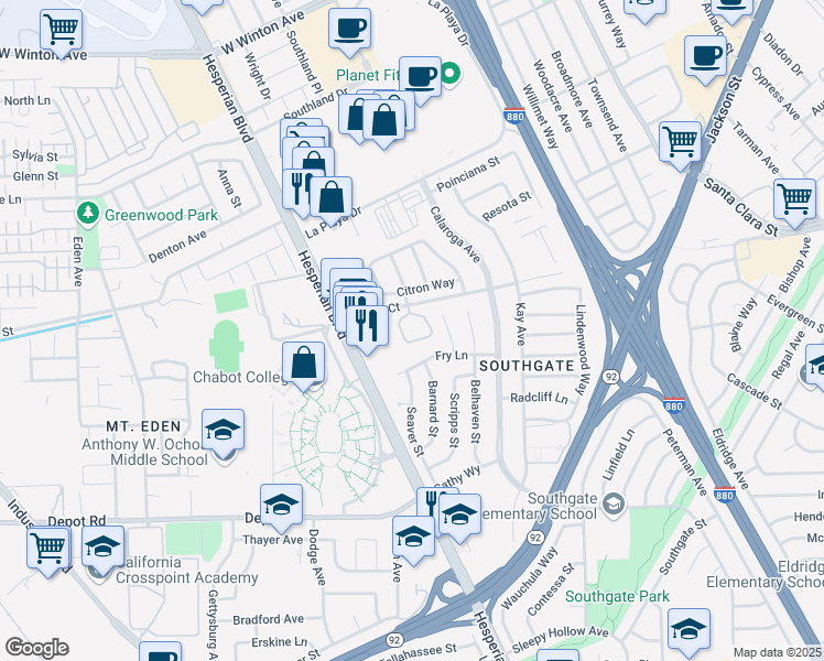 map of restaurants, bars, coffee shops, grocery stores, and more near 25055 Copa Del Oro Drive in Hayward