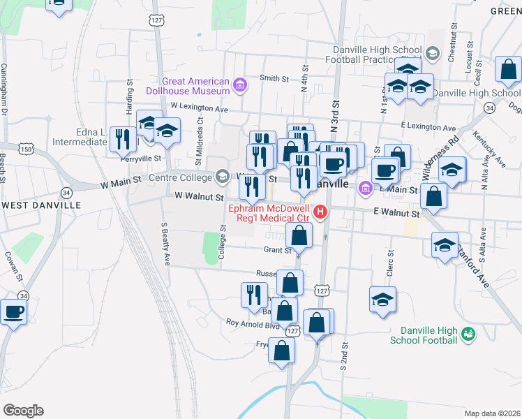map of restaurants, bars, coffee shops, grocery stores, and more near 474 West Martin Luther King Boulevard in Danville