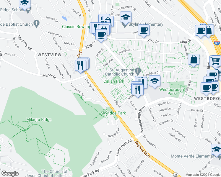 map of restaurants, bars, coffee shops, grocery stores, and more near in South San Francisco