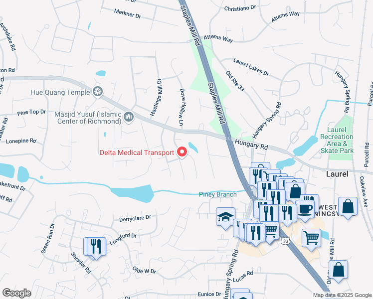 map of restaurants, bars, coffee shops, grocery stores, and more near 9461 Willow Ridge Drive in Glen Allen