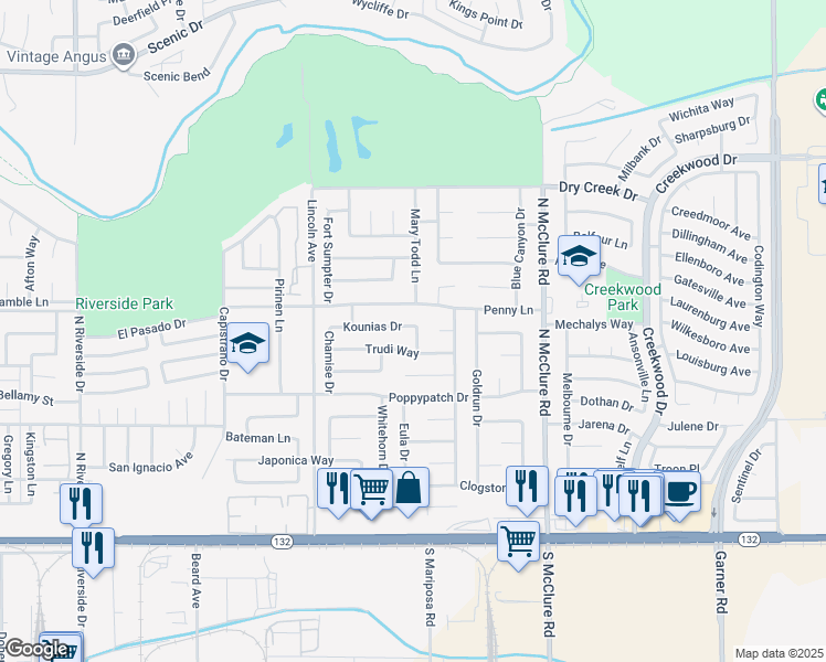 map of restaurants, bars, coffee shops, grocery stores, and more near 3201 Trudi Way in Modesto