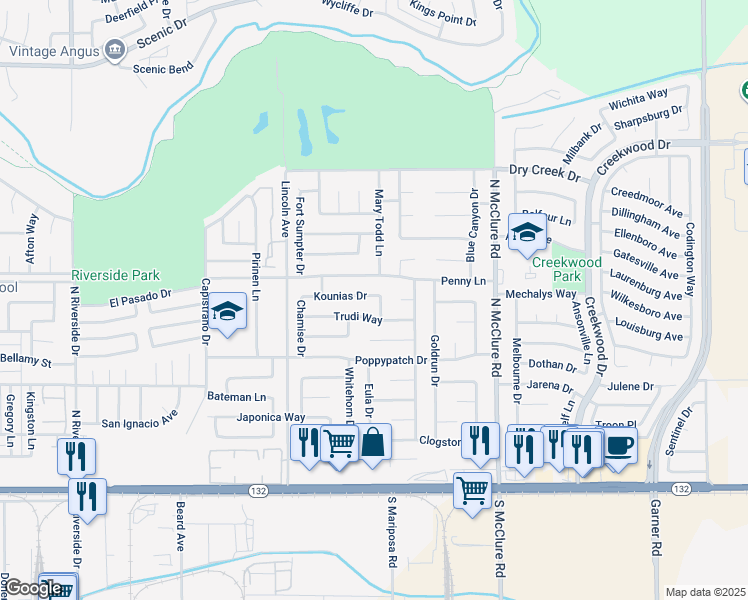 map of restaurants, bars, coffee shops, grocery stores, and more near 3104 Trudi Way in Modesto