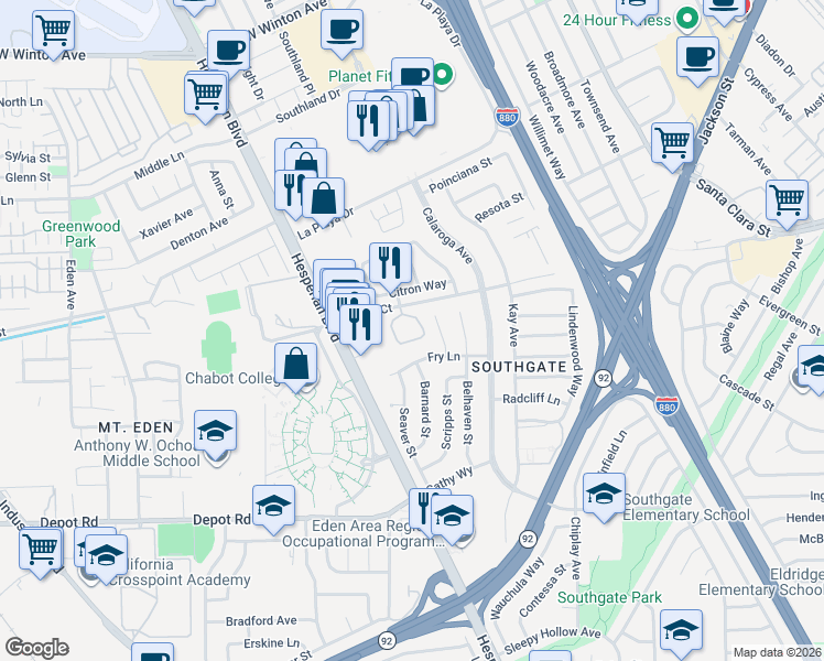 map of restaurants, bars, coffee shops, grocery stores, and more near 1467 Fry Lane in Hayward
