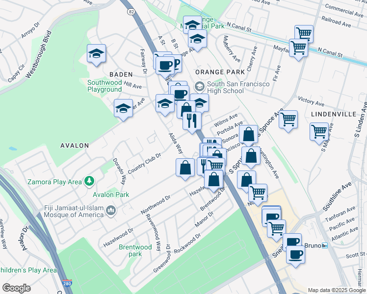map of restaurants, bars, coffee shops, grocery stores, and more near 362 Alida Way in South San Francisco