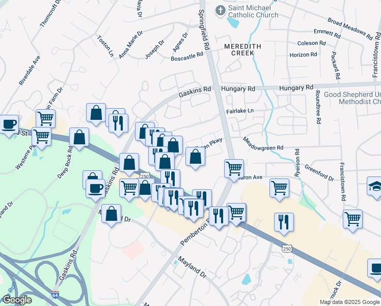 map of restaurants, bars, coffee shops, grocery stores, and more near 9747 Greenmeadow Circle in Glen Allen