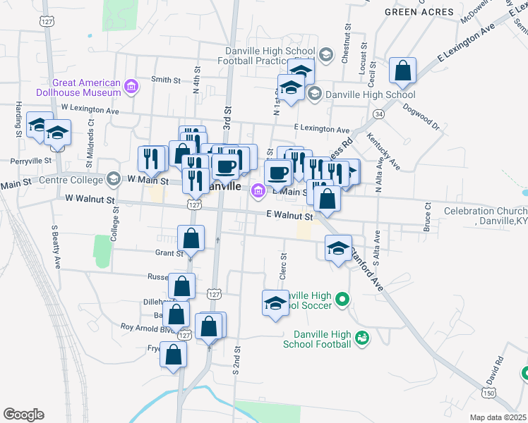 map of restaurants, bars, coffee shops, grocery stores, and more near 106 East Walnut Street in Danville