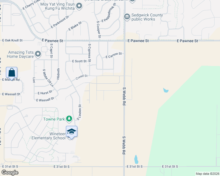 map of restaurants, bars, coffee shops, grocery stores, and more near 2601 South Webb Road in Wichita