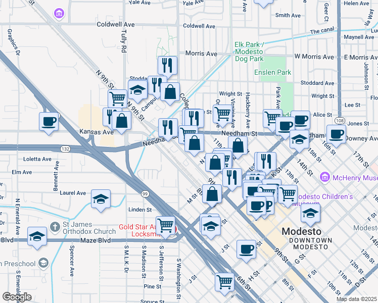 map of restaurants, bars, coffee shops, grocery stores, and more near 1432 9th Street in Modesto