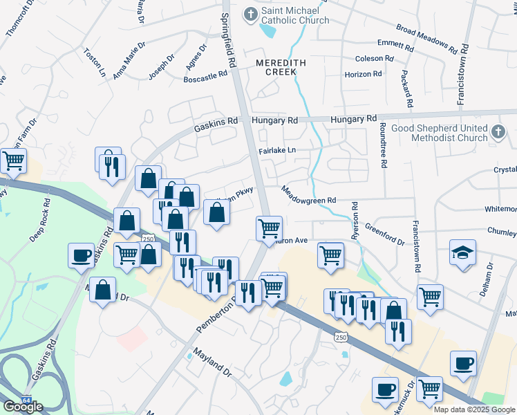 map of restaurants, bars, coffee shops, grocery stores, and more near 9623 Greenmeadow Circle in Glen Allen