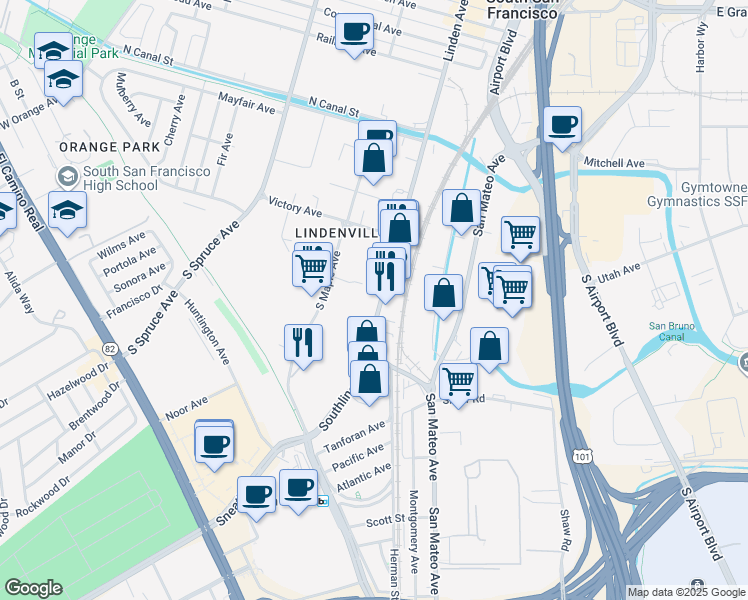 map of restaurants, bars, coffee shops, grocery stores, and more near 140 South Linden Avenue in South San Francisco