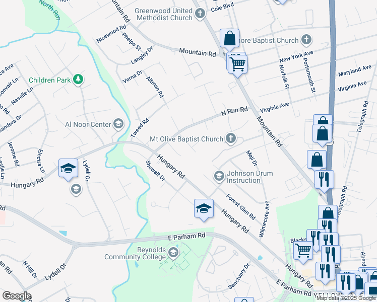 map of restaurants, bars, coffee shops, grocery stores, and more near 1725 Forest Glen Road in Henrico