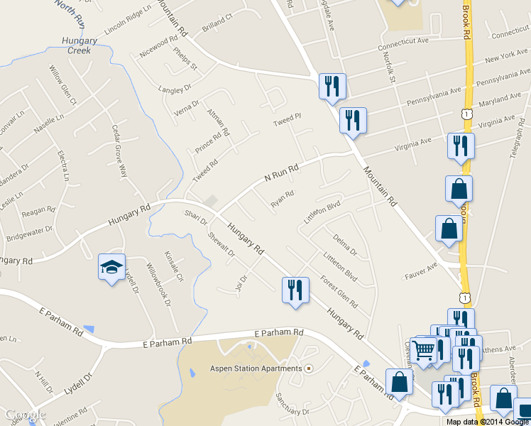 map of restaurants, bars, coffee shops, grocery stores, and more near 1725 Forest Glen Road in Henrico