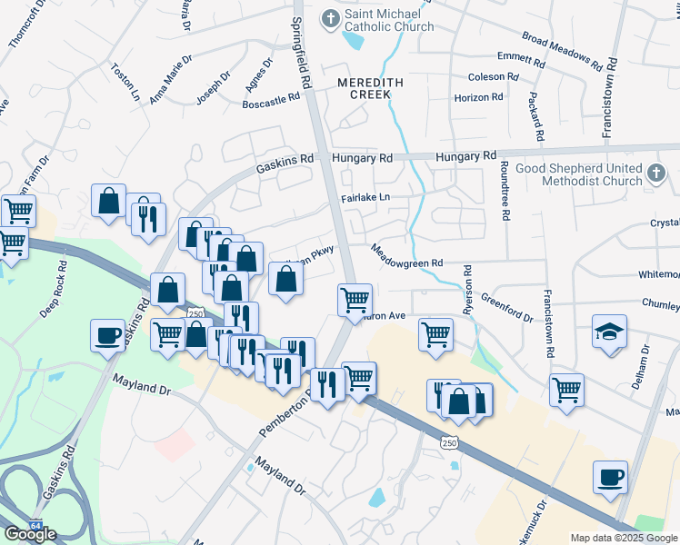 map of restaurants, bars, coffee shops, grocery stores, and more near 9623 Greenmeadow Circle in Glen Allen
