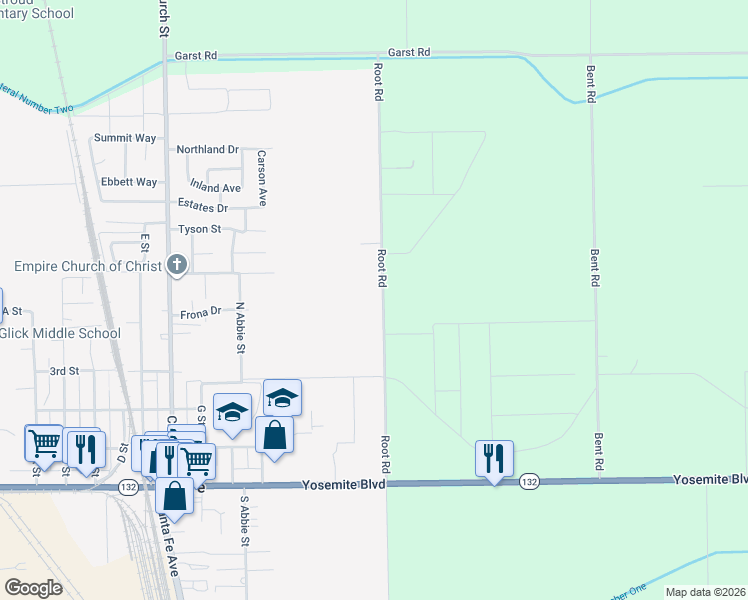 map of restaurants, bars, coffee shops, grocery stores, and more near 429 Root Road in Modesto