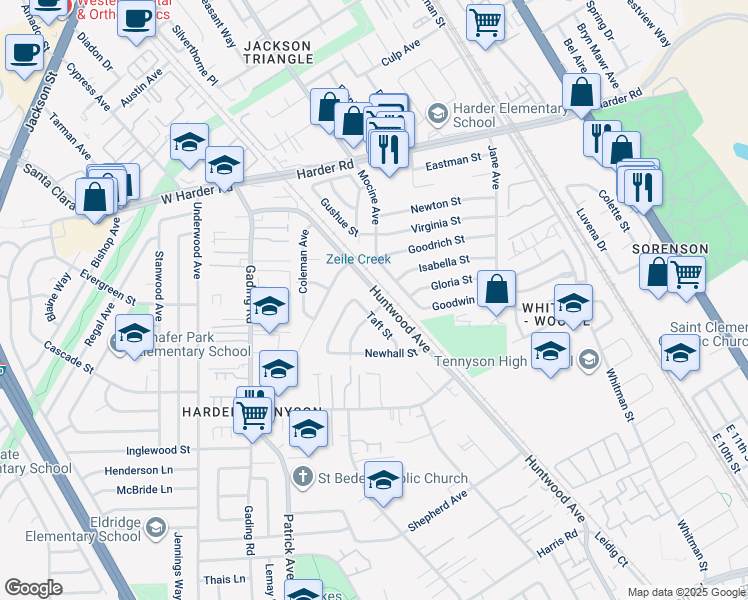 map of restaurants, bars, coffee shops, grocery stores, and more near 26361 Huntwood Ave in Hayward
