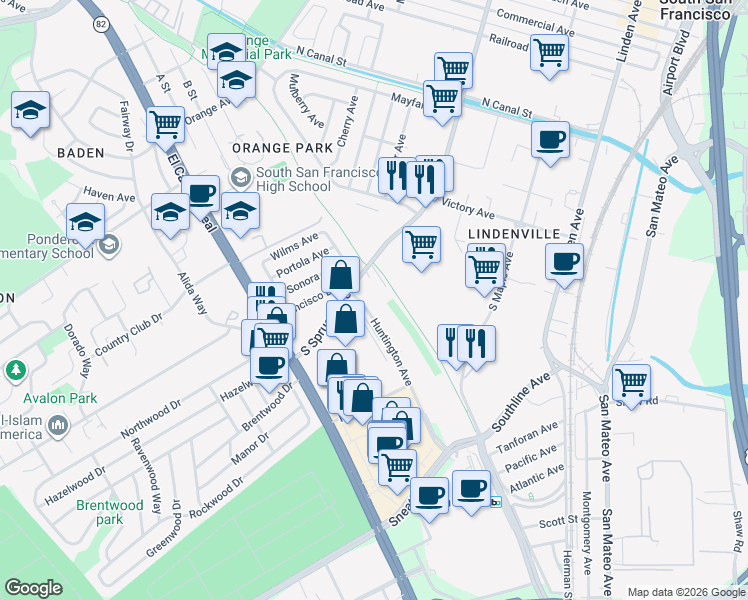 map of restaurants, bars, coffee shops, grocery stores, and more near 1401-1485 Huntington Ave in South San Francisco
