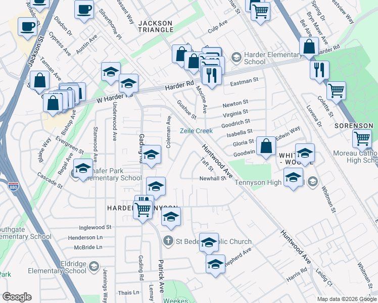 map of restaurants, bars, coffee shops, grocery stores, and more near 163 Turlock Way in Hayward