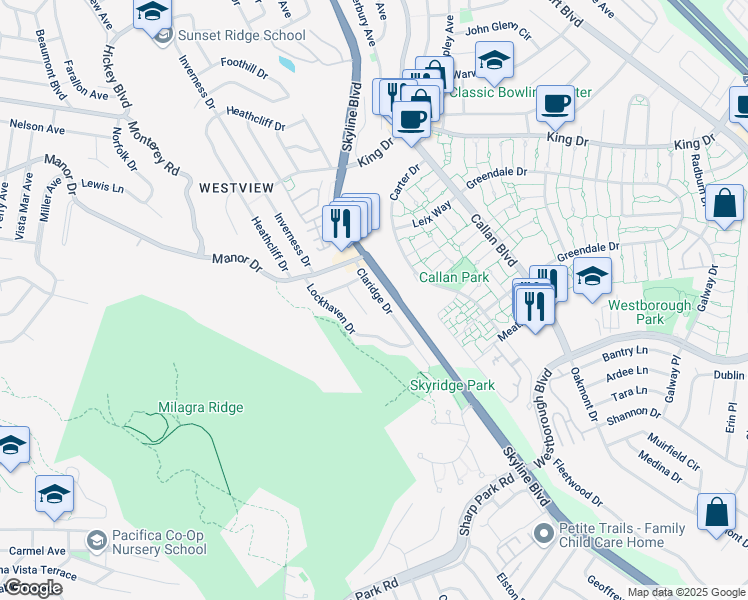 map of restaurants, bars, coffee shops, grocery stores, and more near 685 Heather Court in Pacifica