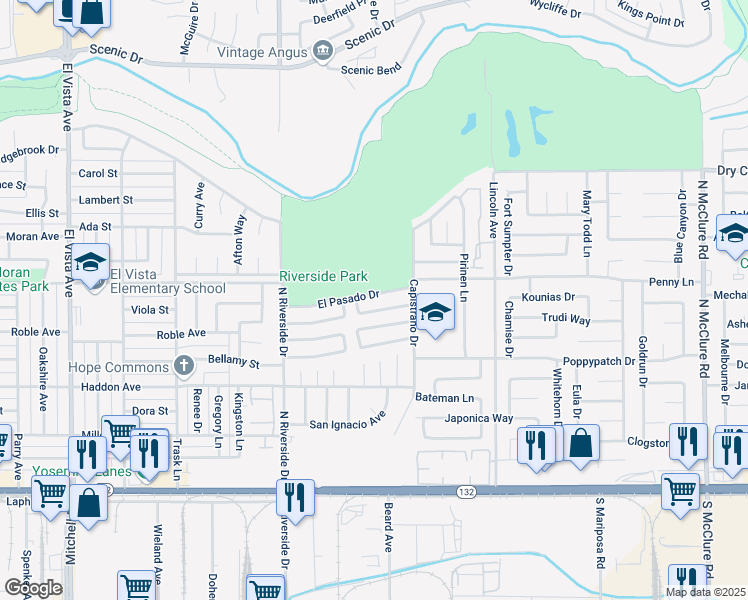 map of restaurants, bars, coffee shops, grocery stores, and more near 2716 El Pasado Drive in Modesto