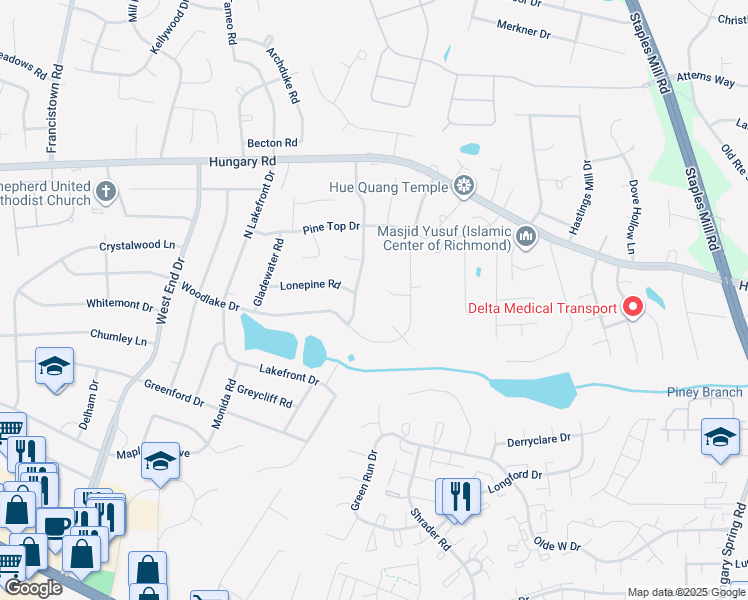 map of restaurants, bars, coffee shops, grocery stores, and more near 4212 Tupelo Road in Richmond