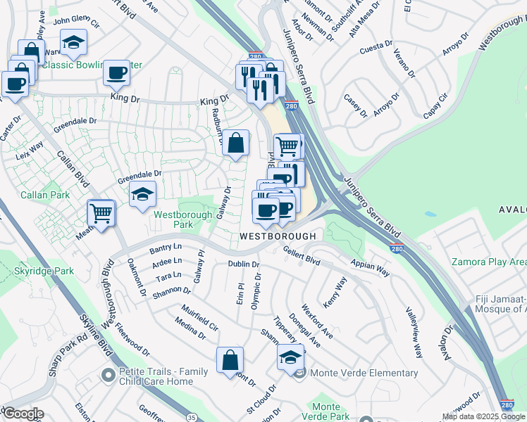 map of restaurants, bars, coffee shops, grocery stores, and more near 2298 Gellert Boulevard in South San Francisco