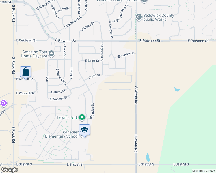 map of restaurants, bars, coffee shops, grocery stores, and more near 9005 East Hurst Street in Wichita