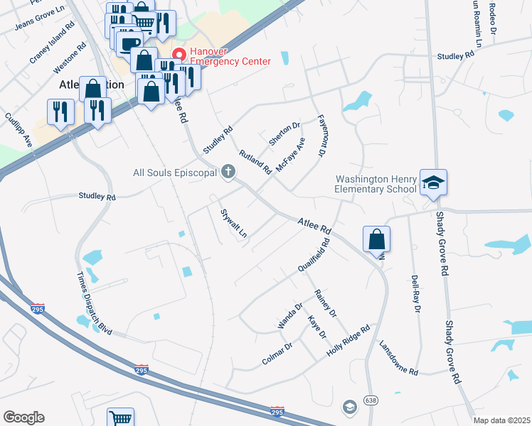 map of restaurants, bars, coffee shops, grocery stores, and more near 9033 Atlee Road in Mechanicsville