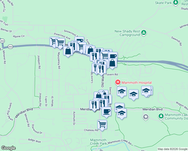 map of restaurants, bars, coffee shops, grocery stores, and more near 208 Laurel Mountain Road in Mammoth Lakes