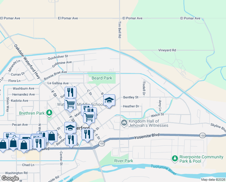 map of restaurants, bars, coffee shops, grocery stores, and more near 401 Tim Bell Road in Waterford