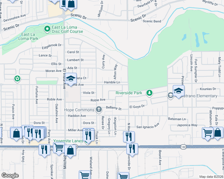 map of restaurants, bars, coffee shops, grocery stores, and more near 409 Donegal Drive in Modesto
