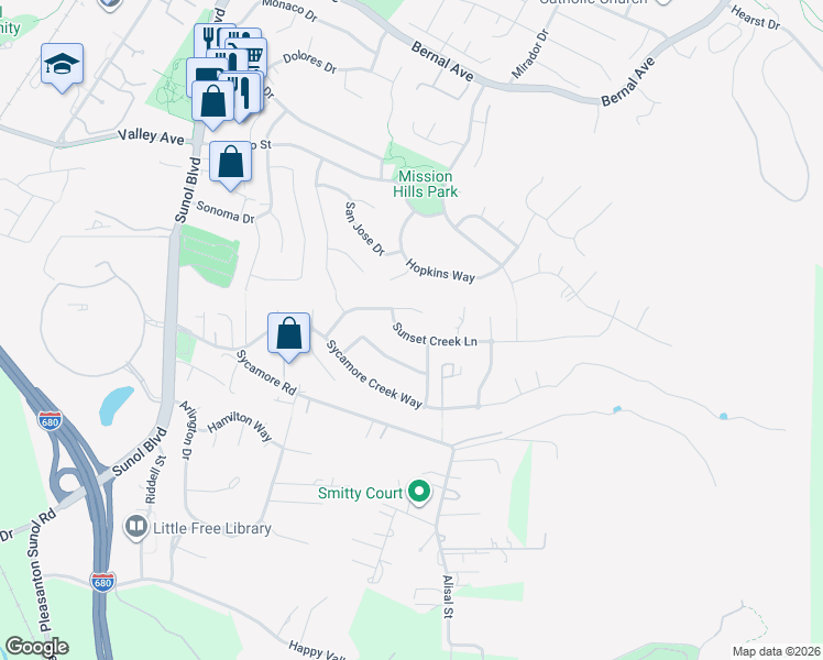 map of restaurants, bars, coffee shops, grocery stores, and more near 5707 Dalton Creek Way in Pleasanton