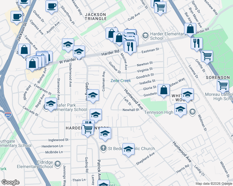 map of restaurants, bars, coffee shops, grocery stores, and more near 163 Turlock Way in Hayward