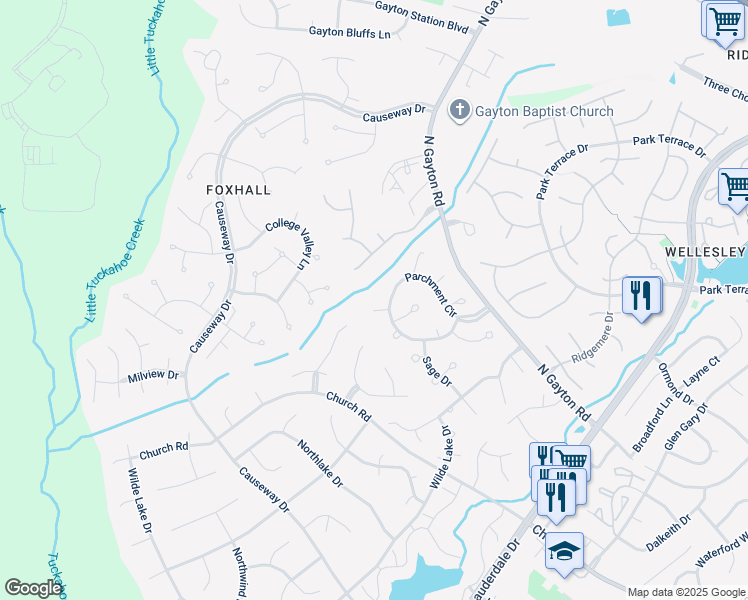 map of restaurants, bars, coffee shops, grocery stores, and more near 12705 Milledge Court in Richmond